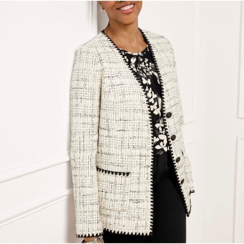 Talbots BLAZER TIPPED TWEED Button Front Cream size 16
